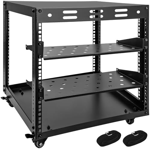 10U Open Frame Server Rack  4 Tier Wall mountable Network Rack w/Swivel Casters  Two Rack Shelves  Top & Bottom Panels  for Stereo/Computer/Data/IT Equipment  19 7  L x 18 8  W x 23 4  H