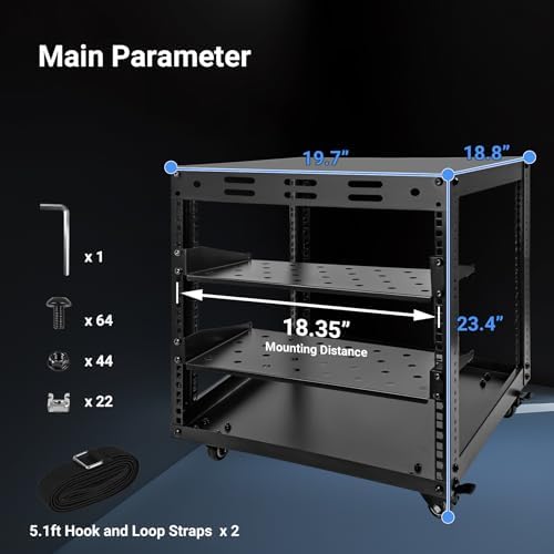 10U Open Frame Server Rack  4 Tier Wall mountable Network Rack w/Swivel Casters  Two Rack Shelves  Top & Bottom Panels  for Stereo/Computer/Data/IT Equipment  19 7  L x 18 8  W x 23 4  H