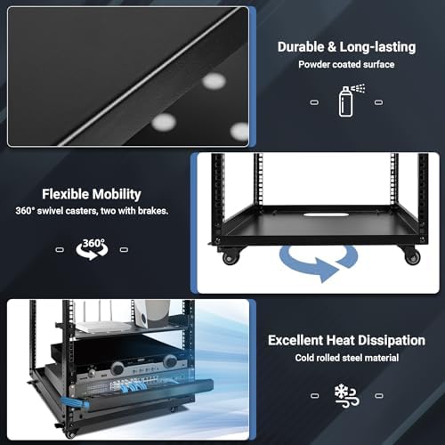 10U Open Frame Server Rack  4 Tier Wall mountable Network Rack w/Swivel Casters  Two Rack Shelves  Top & Bottom Panels  for Stereo/Computer/Data/IT Equipment  19 7  L x 18 8  W x 23 4  H