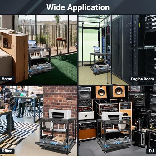 10U Open Frame Server Rack  4 Tier Wall mountable Network Rack w/Swivel Casters  Two Rack Shelves  Top & Bottom Panels  for Stereo/Computer/Data/IT Equipment  19 7  L x 18 8  W x 23 4  H