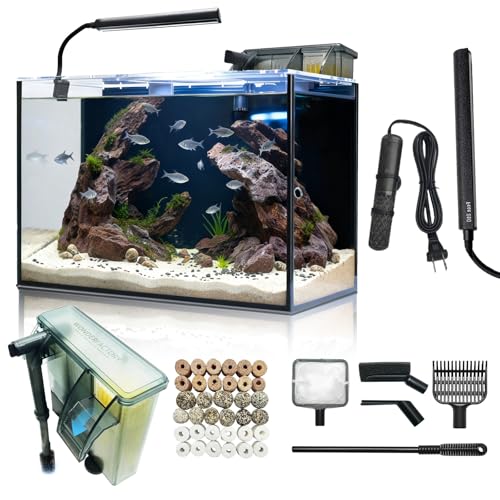 10 Gallon Aquarium Set Glass Fish Tank  with Heater Self Cleaning System Filter with Media Bright Light Cleaning Tool  Leak Proof Clear Rimless Betta Tropical Freshwater Fish