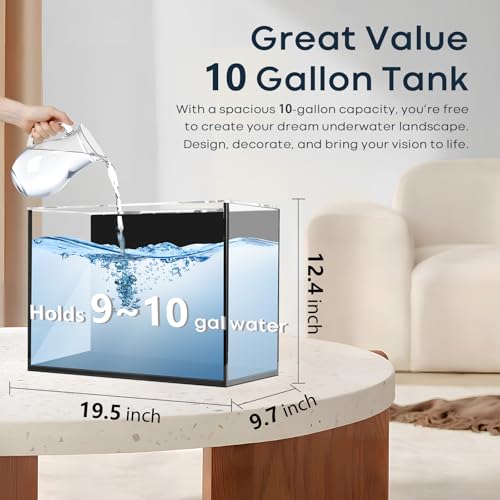 10 Gallon Aquarium Set Glass Fish Tank  with Heater Self Cleaning System Filter with Media Bright Light Cleaning Tool  Leak Proof Clear Rimless Betta Tropical Freshwater Fish