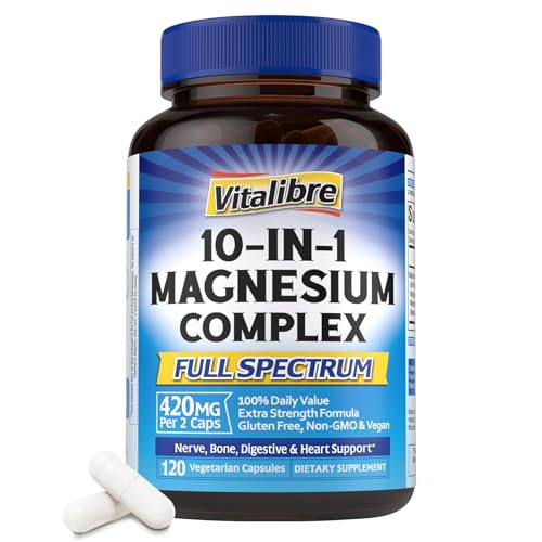 Complejo de magnesio 10 en 1, 420 mg de magnesio elemental, ultra fuerza, máxima absorción, suplemento de magnesio quelado para dormir, nervios y salud cardíaca, sin OMG, 120 cápsulas
