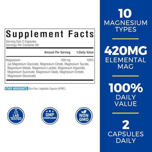 Complejo de magnesio 10 en 1, 420 mg de magnesio elemental, ultra fuerza, máxima absorción, suplemento de magnesio quelado para dormir, nervios y salud cardíaca, sin OMG, 120 cápsulas