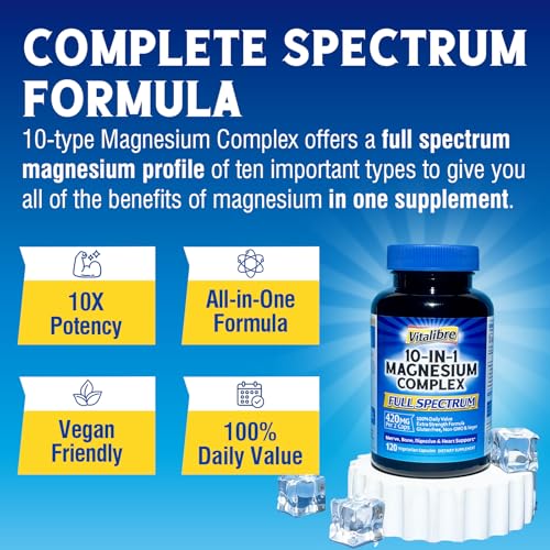 Complejo de magnesio 10 en 1, 420 mg de magnesio elemental, ultra fuerza, máxima absorción, suplemento de magnesio quelado para dormir, nervios y salud cardíaca, sin OMG, 120 cápsulas