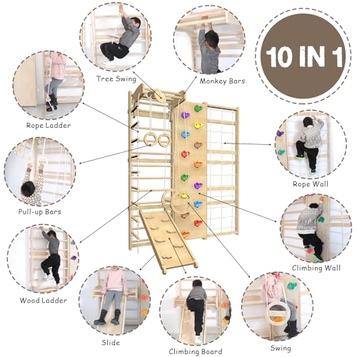 10 in 1 Swedish Ladder Gym Set  Home Playground with Swing  Rope Ladder  Pull Up Bar  Slide and Rock Climbing Wall for Kids and Adults   94 5inch Height