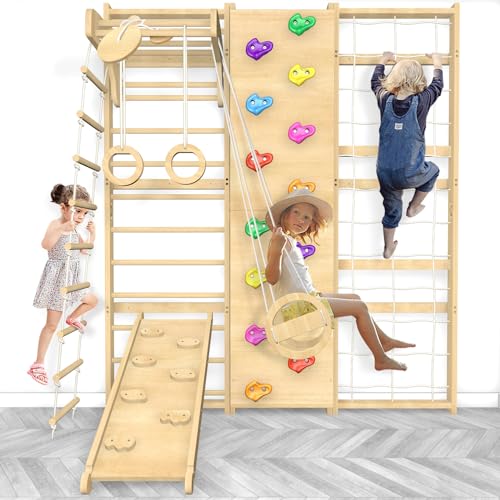 10 in 1 Swedish Ladder Gym Set  Home Playground with Swing  Rope Ladder  Pull Up Bar  Slide and Rock Climbing Wall for Kids and Adults   94 5inch Height