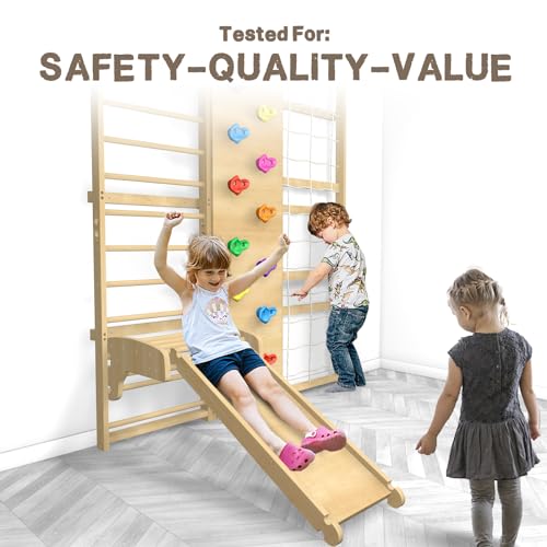 10 in 1 Swedish Ladder Gym Set  Home Playground with Swing  Rope Ladder  Pull Up Bar  Slide and Rock Climbing Wall for Kids and Adults   94 5inch Height