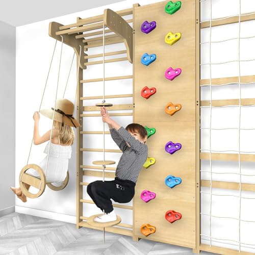 10 in 1 Swedish Ladder Gym Set  Home Playground with Swing  Rope Ladder  Pull Up Bar  Slide and Rock Climbing Wall for Kids and Adults   94 5inch Height