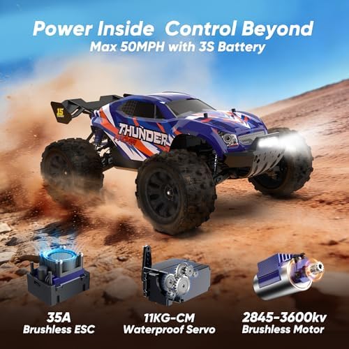 1/14 Brushless RC Cars Fast 50 mph 4WD Waterproof All Terrain Truck with 2 Lipo Batteries and 25W Fast Charger 4x4 Hobby MTR RC Truck with 3S Battery