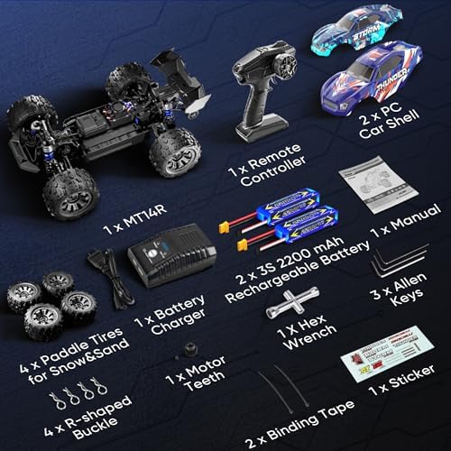 1/14 Brushless RC Cars Fast 50 mph 4WD Waterproof All Terrain Truck with 2 Lipo Batteries and 25W Fast Charger 4x4 Hobby MTR RC Truck with 3S Battery