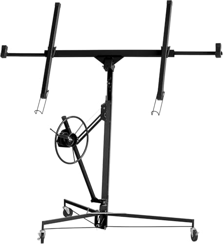 11FT Drywall Lift Panel Hoist Jack Lifter  150LBS Heavy Duty Sheetrock Lift  Rolling Caster Wheels  Lockable Construction Tools  Adjustable Telescopic Arm  Black