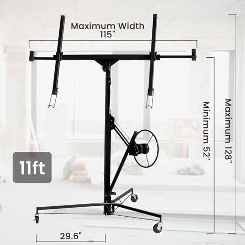 11FT Drywall Lift Panel Hoist Jack Lifter  150LBS Heavy Duty Sheetrock Lift  Rolling Caster Wheels  Lockable Construction Tools  Adjustable Telescopic Arm  Black