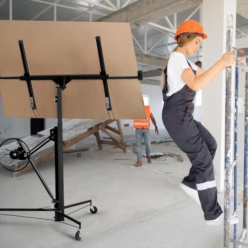 11FT Drywall Lift Panel Hoist Jack Lifter  150LBS Heavy Duty Sheetrock Lift  Rolling Caster Wheels  Lockable Construction Tools  Adjustable Telescopic Arm  Black