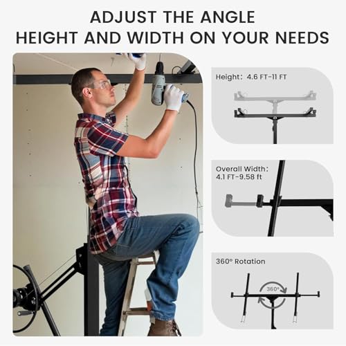 11FT Drywall Lift Panel Hoist Jack Lifter  150LBS Heavy Duty Sheetrock Lift  Rolling Caster Wheels  Lockable Construction Tools  Adjustable Telescopic Arm  Black