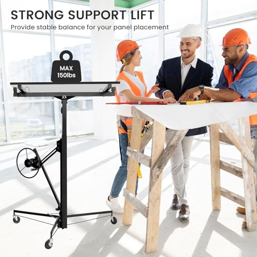 11FT Drywall Lift Panel Hoist Jack Lifter  150LBS Heavy Duty Sheetrock Lift  Rolling Caster Wheels  Lockable Construction Tools  Adjustable Telescopic Arm  Black
