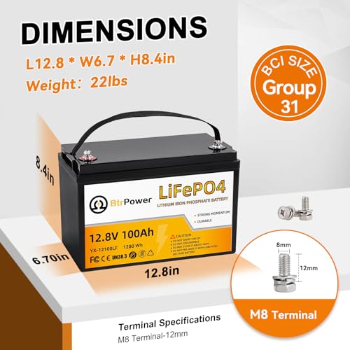 12V 100Ah LiFePO4 Lithium Battery  BCI Group 31 Lithium Battery  5000 15000 Cycles Built in 100A BMS Perfect for Trolling Motor  RV Camping Solar Home Off Grid System