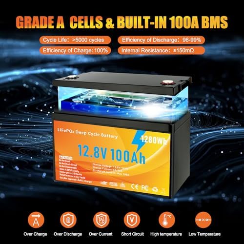12V 100Ah LiFePO4 Lithium Battery  Group 31 Lithium Iron Phosphate Battery Built in 100A Smart A  Grade BMS 1280Wh Battery 15000  Cycles Deep Low Temp Protection for Solar System  RV  Marine
