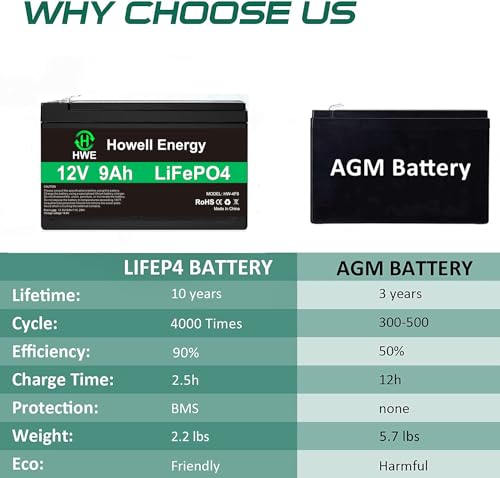 Batería de litio de 12 V 9 Ah, batería recargable LiFePO4 de ciclos profundos más de 4000 ciclos, 15 A, reemplazo BMS para UPS, sistema de alarma, buscador de peces, iluminación, ruedas