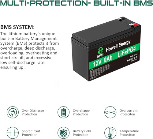 Batería de litio de 12 V 9 Ah, batería recargable LiFePO4 de ciclos profundos más de 4000 ciclos, 15 A, reemplazo BMS para UPS, sistema de alarma, buscador de peces, iluminación, ruedas