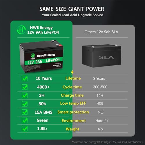 Batería de litio de 12 V 9 Ah, batería recargable LiFePO4 de ciclos profundos más de 4000 ciclos, 15 A, reemplazo BMS para UPS, sistema de alarma, buscador de peces, iluminación, ruedas