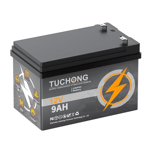 Batería LiFePO4 de litio de 12 V y 9 Ah, batería recargable, hasta 5000+ batería de fosfato de hierro y litio de ciclo profundo BMS integrado de 15 AH, ideal para UPS pequeños, iluminación, energía