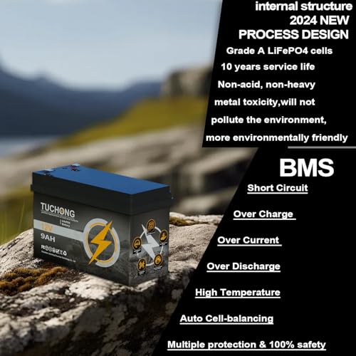 Batería LiFePO4 de litio de 12 V y 9 Ah, batería recargable, hasta 5000+ batería de fosfato de hierro y litio de ciclo profundo BMS integrado de 15 AH, ideal para UPS pequeños, iluminación, energía