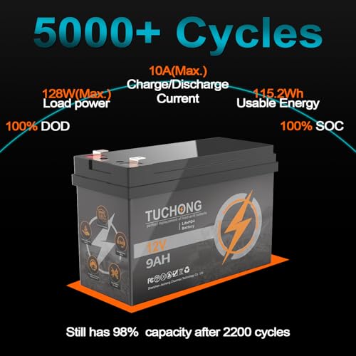 Batería LiFePO4 de litio de 12 V y 9 Ah, batería recargable, hasta 5000+ batería de fosfato de hierro y litio de ciclo profundo BMS integrado de 15 AH, ideal para UPS pequeños, iluminación, energía