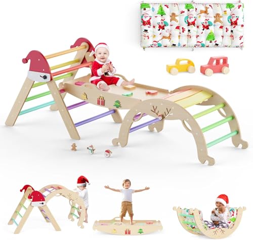 12 in 1 Pikler Triangle Set with Cushion Christmas Montessori Toddler Climbing Toys Indoor Playground Foldable Baby Climbing Gym Jungle Gyms with Maze  Shape Sorter  Car Toys