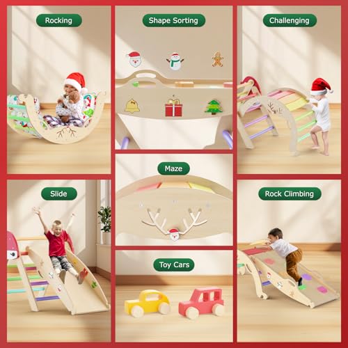 12 in 1 Pikler Triangle Set with Cushion Christmas Montessori Toddler Climbing Toys Indoor Playground Foldable Baby Climbing Gym Jungle Gyms with Maze  Shape Sorter  Car Toys