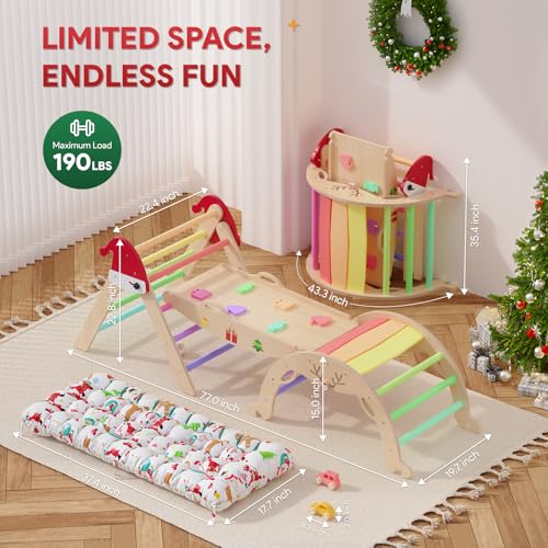 12 in 1 Pikler Triangle Set with Cushion Christmas Montessori Toddler Climbing Toys Indoor Playground Foldable Baby Climbing Gym Jungle Gyms with Maze  Shape Sorter  Car Toys