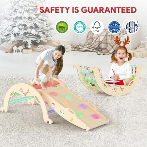 12 in 1 Pikler Triangle Set with Cushion Christmas Montessori Toddler Climbing Toys Indoor Playground Foldable Baby Climbing Gym Jungle Gyms with Maze  Shape Sorter  Car Toys