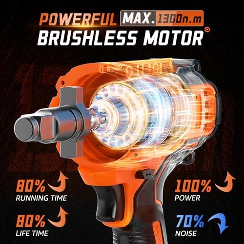 1300N m 960Ft lbs  Cordless Impact Wrench 1/2 Brushless High Torque Impact Wrench with 2x 4 0Ah Batteries  6 Sockets  Charger  Extension Bar for Car  RV  Truck Wheel Lug Nuts