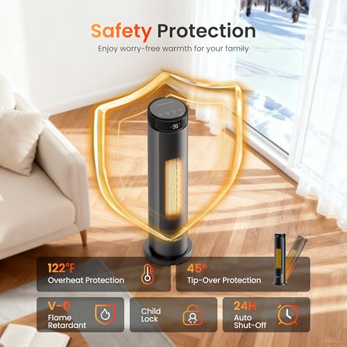 1500W Tower Indoor Space Heater for Home with Programmable Thermostat  12H Timer & Remote Control  Oscillation and ECO Mode  Electric Heaters for Office  Bedroom  Home  Grey 