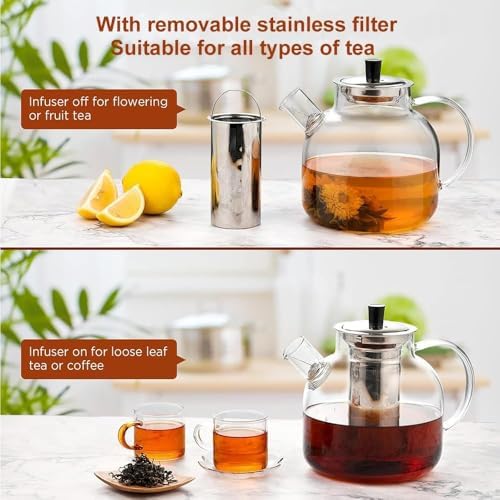 Tetera de vidrio de 1500 ml (50 oz) con infusor extraíble, tetera grande segura para estufa Ehugos, hervidor artesanal para té floreciente y de hojas sueltas para mujeres y adultos con infusor de