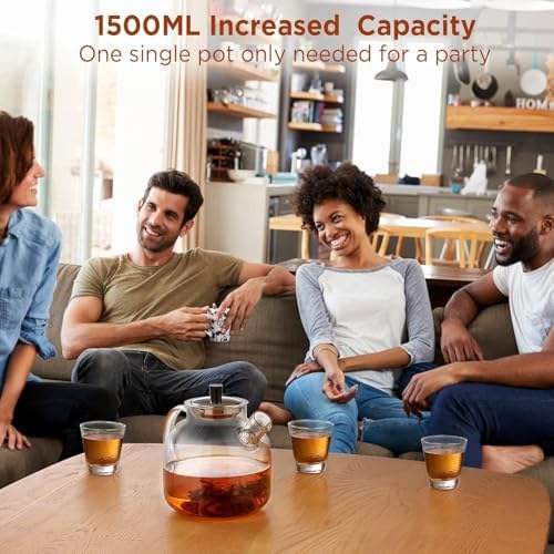 Tetera de vidrio de 1500 ml (50 oz) con infusor extraíble, tetera grande segura para estufa Ehugos, hervidor artesanal para té floreciente y de hojas sueltas para mujeres y adultos con infusor de