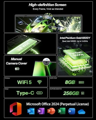 15 6 Inch Laptop with Pentium Gold 6500Y Up to 3 4GHz   8GB RAM 256GB SSD 1080P Full HD  USB C WiFi 5 BT5 0 Gray Computer Laptops for School  Business