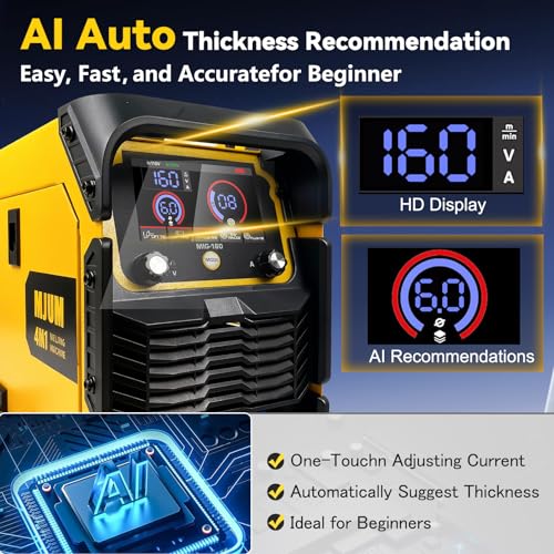 Máquina de soldadura 4 en 1 de 160 A: 110 V/220 V de doble voltaje con núcleo de flujo/MIG/Lift TIG/Stick Welder - Inversor IGBT Control sinérgico LED Digital para principiantes Profesional Hogar