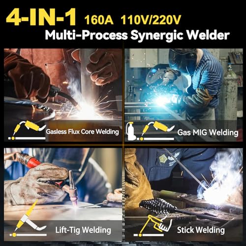 Máquina de soldadura 4 en 1 de 160 A: 110 V/220 V de doble voltaje con núcleo de flujo/MIG/Lift TIG/Stick Welder - Inversor IGBT Control sinérgico LED Digital para principiantes Profesional Hogar