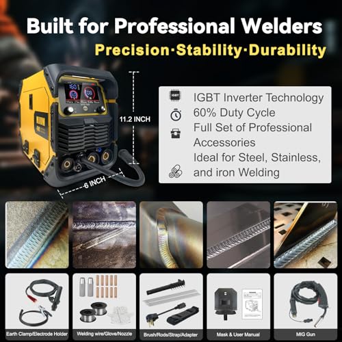 Máquina de soldadura 4 en 1 de 160 A: 110 V/220 V de doble voltaje con núcleo de flujo/MIG/Lift TIG/Stick Welder - Inversor IGBT Control sinérgico LED Digital para principiantes Profesional Hogar