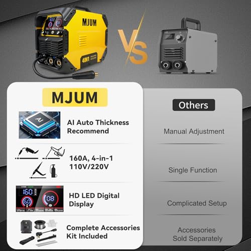 Máquina de soldadura 4 en 1 de 160 A: 110 V/220 V de doble voltaje con núcleo de flujo/MIG/Lift TIG/Stick Welder - Inversor IGBT Control sinérgico LED Digital para principiantes Profesional Hogar