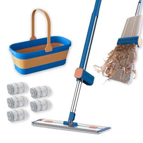 16 5 Microfiber Self Wringing Flat mop Wet Dry mops for Cleaning Floors with 55 Long Handle for Wall Cleaner with Squeegee  New Mop & 5 Microfiber mop Pads & Folding Bucket
