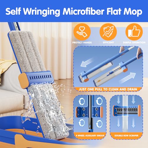 16 5 Microfiber Self Wringing Flat mop Wet Dry mops for Cleaning Floors with 55 Long Handle for Wall Cleaner with Squeegee  New Mop & 5 Microfiber mop Pads & Folding Bucket