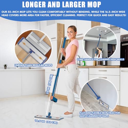 16 5 Microfiber Self Wringing Flat mop Wet Dry mops for Cleaning Floors with 55 Long Handle for Wall Cleaner with Squeegee  New Mop & 5 Microfiber mop Pads & Folding Bucket