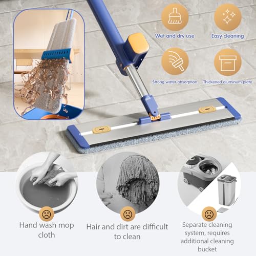16 5 Microfiber Self Wringing Flat mop Wet Dry mops for Cleaning Floors with 55 Long Handle for Wall Cleaner with Squeegee  New Mop & 5 Microfiber mop Pads & Folding Bucket