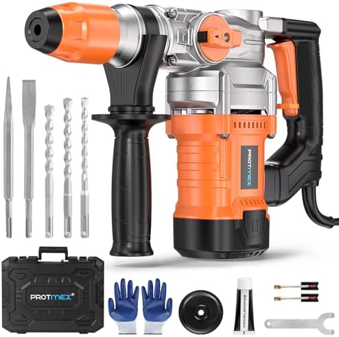 1 1/4 Inch SDS Plus 13 Amp Heavy Duty Rotary Hammer Drill with Safety Clutch 3 Functions  Vibration Control  for Floor Tile Removal  Concrete Breaker  Including Grease  Chisels & Drill Bits