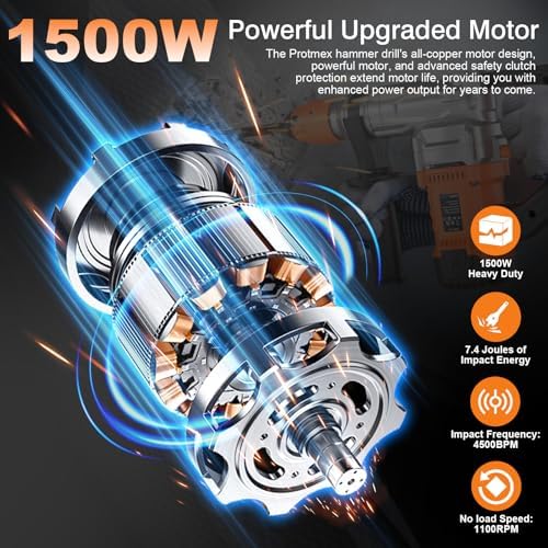 1 1/4 Inch SDS Plus 13 Amp Heavy Duty Rotary Hammer Drill with Safety Clutch 3 Functions  Vibration Control  for Floor Tile Removal  Concrete Breaker  Including Grease  Chisels & Drill Bits