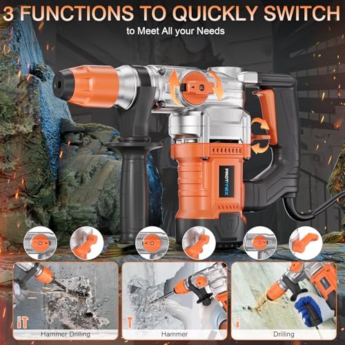 1 1/4 Inch SDS Plus 13 Amp Heavy Duty Rotary Hammer Drill with Safety Clutch 3 Functions  Vibration Control  for Floor Tile Removal  Concrete Breaker  Including Grease  Chisels & Drill Bits