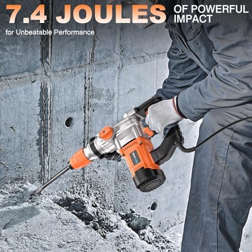 1 1/4 Inch SDS Plus 13 Amp Heavy Duty Rotary Hammer Drill with Safety Clutch 3 Functions  Vibration Control  for Floor Tile Removal  Concrete Breaker  Including Grease  Chisels & Drill Bits