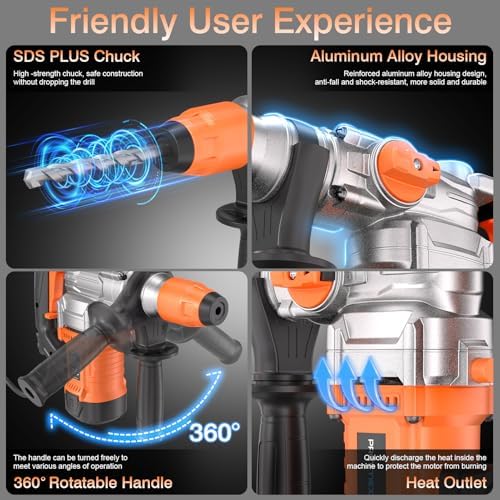 1 1/4 Inch SDS Plus 13 Amp Heavy Duty Rotary Hammer Drill with Safety Clutch 3 Functions  Vibration Control  for Floor Tile Removal  Concrete Breaker  Including Grease  Chisels & Drill Bits